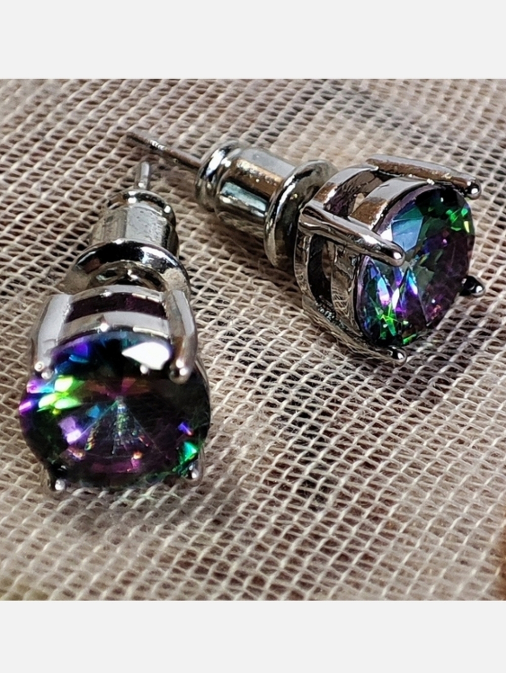Mystic Topaz Purple Blue Green Rainbow Big Stud Pierced Silver Tone Earrings NEW